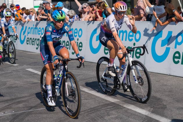 Locarno, Switzerland - JUNE 18: L) Shari Bossuyt of AG Insurance - Soudal Team R) Febe Jooris of UAE Team ADQ in action on June 18, 2026 in Locarno, Switzerland.
