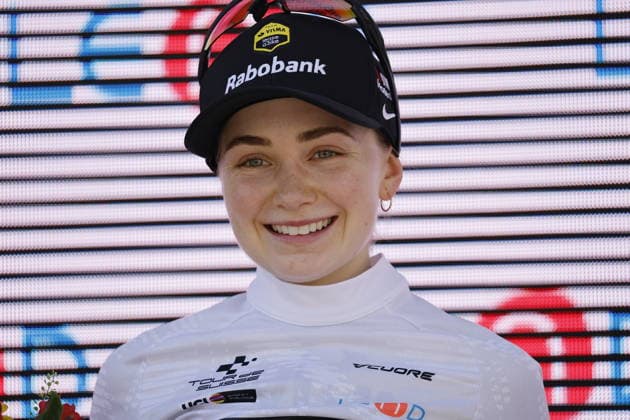 18.06.2026, Locarno, Locarno, Tour de Suisse Women 2026: Stage 2 Locarno - Locarno. Sarah Van Dam 115 (CAN - Team Visma Lease a Bike (WTW)) new wearer of the White Jersey of the best young racer of the Tour de Suisse Locarno Locarno Ticino Switzerland