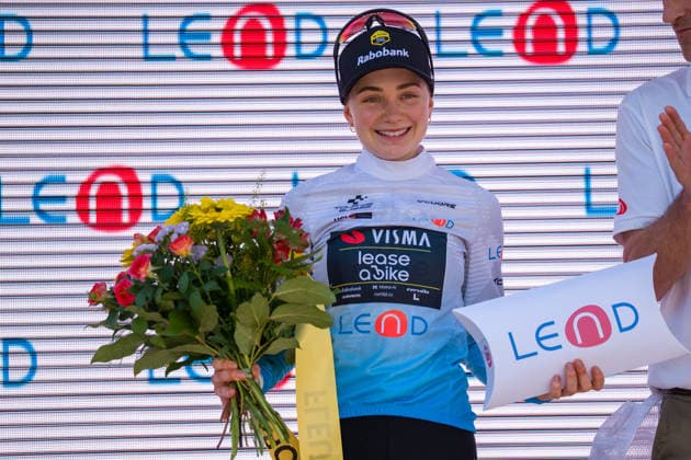 Locarno, Switzerland - JUNE 18: Sarah Van Dam of Team Visma Lease a Bike young leader after stage 2 on June 18, 2026 in Locarno, Switzerland.