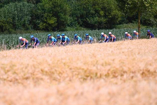 Baloise Belgium Tour 2026 Stage 2 KNOKKE-HEIST, BELGIUM - JUNE 18 : Neilands Krists (LAT) of NSN Cycling Team leading the peloton during stage 2 of the 95th edition of Baloise Tour of Belgium an UCI ProSeries 2.Pro cycling road race stage for Men Elite of 197.6 km with start in Merelbeke-Melle and finish in Knokke-Heist on June 18, 2026 in Knokke-Heist, Belgium, 18 06 2026 ( Motordriver Stephan Boone - Knokke-Heist Belgium  Copyright: xGvgx
