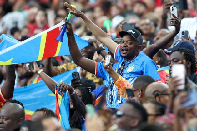 HOUSTON, TX - JUNE 17: A Congo DR fans dances and sings during his county™s national anthem before the FIFA World Cup, WM, Weltmeisterschaft, Fussball 2026 Group K match between Portugal and Congo DR on June 17, 2026, at Houston Stadium in Houston, Texas. (Photo by David Buono Icon Sportswire) SOCCER: JUN 17 FIFA World Cup 26 Group K - Portugal vs Congo DR EDITORIAL USE ONLY Icon260617173