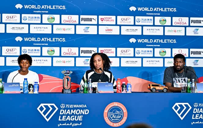 Doha Diamond League 2026 press conference, PK, Pressekonferenz Dominican sprinter Marileidy Paulino, Dominican triple jumper Thea LaFond and American hurdler Cordell Tinch attend a press conference ahead of the Doha Diamond League 2026 - Mazzraty athletics Meeting in Doha, Qatar, June 18, 2026. The event will be held on June 19. DOHA Qatar Copyright: xNOUSHADx