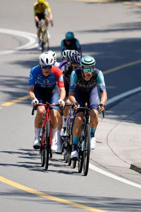 18.06.2026, Locarno, Locarno, Tour de Suisse 2026: Stage 2 Locarno - Locarno. Romain GrÃ goire 55 (FRA - Groupama - FDJ United (WT)), Xandro Meurisse 186 (BEL - Pinarello Q36.5 Pro Cycling Team (PRT)), Attila Valter 47 (HUN - Bahrain - Victorious (WT)), Patrick Gamper 135 (AUT - Team Jayco AlUla (WT)), Orluis Aular Sanabria 94 (VEN - Movistar Team (WT)), Paul Lapeira 24 (FRA - Decathlon CMA CGM Team (WT)) attacking and leaving the other riders behind Locarno Locarno Ticino Switzerland