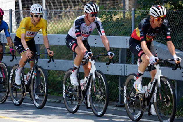 18.06.2026, Locarno, Locarno, Tour de Suisse 2026: Stage 2 Locarno - Locarno. Tadej PogaÄar 1 (SLO - UAE Team Emirates - WRG (WT)) following the teammates Tim Wellens 2 (BEL - UAE Team Emirates - WRG (WT)) and Brandon McNulty 4 (USA - UAE Team Emirates - WRG (WT)) Locarno Locarno Ticino Switzerland