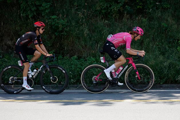 18.06.2026, Locarno, Locarno, Tour de Suisse 2026: Stage 2 Locarno - Locarno. Colby Simmons 37 (USA - EF Education - Easypost (WT)) and Marco Brenner 191 (GER - Tudor Pro Cycling Team (PRT)) Locarno Locarno Ticino Switzerland