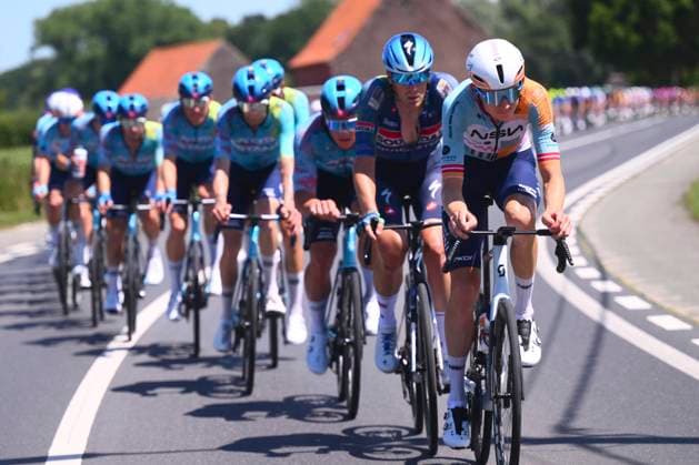 Baloise Belgium Tour 2026 Stage 2 KNOKKE-HEIST, BELGIUM - JUNE 18 : Neilands Krists (LAT) of NSN Cycling Team leading the peloton during stage 2 of the 95th edition of Baloise Tour of Belgium an UCI ProSeries 2.Pro cycling road race stage for Men Elite of 197.6 km with start in Merelbeke-Melle and finish in Knokke-Heist on June 18, 2026 in Knokke-Heist, Belgium, 18 06 2026 ( Motordriver Stephan Boone - Knokke-Heist Belgium  Copyright: xGvgx