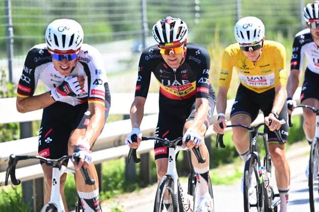 Tour de Suisse 2026 Stage 2 LOCARNO, SWITZERLAND - JUNE 18 : Politt Nils (GER) of UAE Team Emirates - XRG, Wellens Tim (BEL) of UAE Team Emirates - XRG, Pogacar Tadej (SLO) of UAE Team Emirates - XRG during stage 2 of the 89th edition of Tour de Suisse an UCI World Tour 2.UWT cycling road race stage for Men Elite of 157.7 km with start in Locarno and finish in Locarno on June 18, 2026 in Locarno, Switzerland, 18 06 2026 ( Motordriver Guy De Vuyst - Locarno Switzerland  Copyright: xVincentxKalutx