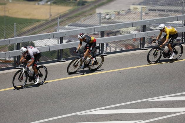 18.06.2026, Locarno, Locarno, Tour de Suisse 2026: Stage 2 Locarno - Locarno. Domen Novack 5 (SLO - UAE Team Emirates - WRG (WT)), Tim Wellens 2 (BEL - UAE Team Emirates - WRG (WT)) and Tadej PogaÄar 1 (SLO - UAE Team Emirates - WRG (WT)) Locarno Locarno Ticino Switzerland