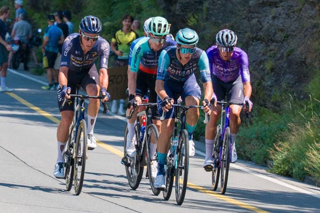 SONDRIO, ITALY - JUNE 17: R-L) Xandro Meurisse of Pinarello Q36.5 Pro Cycling Team, Paul Lapeira of Decathlon CMA CGM Team, Alec Segaert of Bahrain - Victorious, Patrick Gamper of Team Jayco AlUla in action at the 89th Tour de Suisse 2026 on June 17, 2026 in Sondrio, Italy. Sondrio Italy