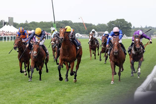 18.06.2026, Ascot, Windsor, GBR - Nola Soul (center) with Seamus Heffernan up wins the Chesham Stakes. Ascot racecourse. (Pferd, Jockey, Nola Soul, Heffernan, Sieg, Ziel, Zielankunft) 260618D534ROYAL_ASCOT.JPG