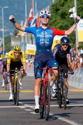 Locarno, Switzerland - JUNE 18: L-R) Bart Lemmen of Team Visma Lease a Bike, Romain Gregoire of Groupama - FDJ United, Marcel Camprubi Pijuan of Pinarello Q36.5 Pro Cycling Team finish the stage 2 at the 89th Tour de Suisse 2026 on June 18, 2026 in Locarno, Switzerland. Locarno Switzerland