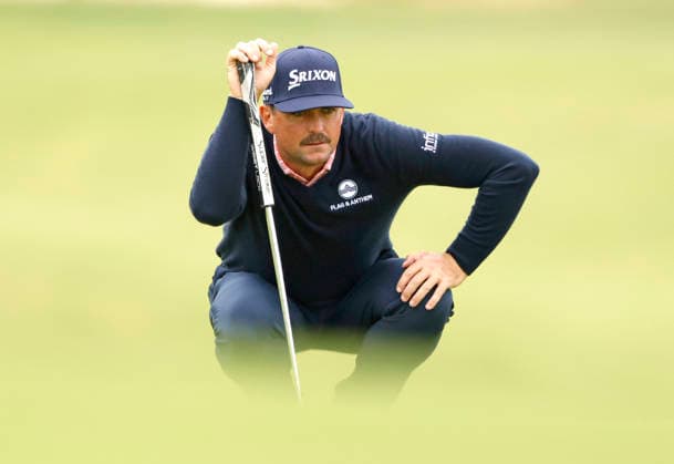 Keegan Bradley lines up a putt on the 9th hole during the first round of the 126th U.S. Open Golf Championship at Shinnecock Hills Golf Club in Southampton, NY, on Thursday, June 18, 2026.  NYC20260618834 JOHNxANGELILLO