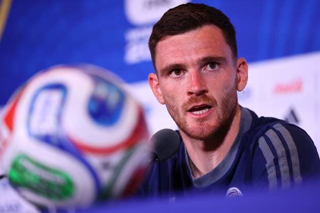 Andy Robertson of Scotland Scotland Training, 2026 FIFA World Cup, WM, Weltmeisterschaft, Fussball Football, Revolution Training Centre, Foxborough, Massachusetts, USA - 18 Jun 2026Charlotte Atrium Health Performance Park United States of America EDITORIAL USE ONLY No use with unauthorised audio, video, data, fixture lists, club league logos or live services. Online in-match use limited to 120 images, no video emulation. No use in betting, games or single club league player publications.  Copyright: xMichaelxZemanek Shutterstockx 16928928br