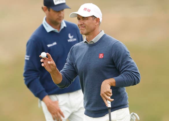 Adam Scott of Australia reacts after making a birdie on the 9th hole during the first round of the 126th U.S. Open Golf Championship at Shinnecock Hills Golf Club in Southampton, NY, on Thursday, June 18, 2026.  NYC20260618837 JOHNxANGELILLO