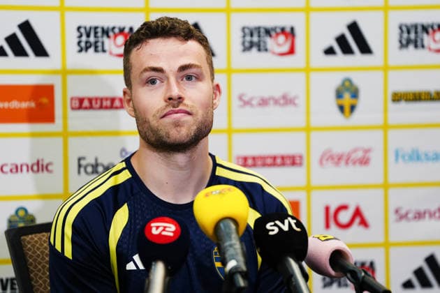 DALLAS, USA 20260618 Sweden s Gabriel Gudmundsson during a press conference, PK, Pressekonferenz after the men s national team, Nationalteam s training session on Thursday at Toyota Stadium, ahead of the group stage match against the Netherlands in the World Cup.