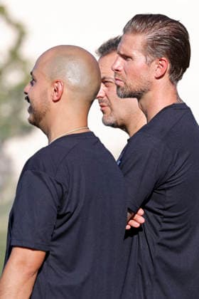 18.06.2026 Fussball Erstes öffentliches Training mit Ex SV Darmstadt 98 Profifussballer und Trainer Tobias KEMPE (re) beim Germania Eberstadt bei 35 Grad links Trainer A-Jugend Sinan SAHIN und Mitt Sven SIEVERS Darmstadt-Eberstadt Hessen Deutschland