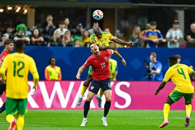 ATLANTA, GA - JUNE 18: Mbekezeli Mbokazi 14 of South Africa and Patrik Schick 10 of Czechia battle for a header during the FIFA World Cup, WM, Weltmeisterschaft, Fussball 2026 Group A match between Czechia and South Africa on June 18th, 2026 at Atlanta Stadium in Atlanta, GA. (Photo by Rich von Biberstein Icon Sportswire) SOCCER: JUN 18 FIFA World Cup 26 Group A - Czechia vs South Africa EDITORIAL USE ONLY Icon260618020