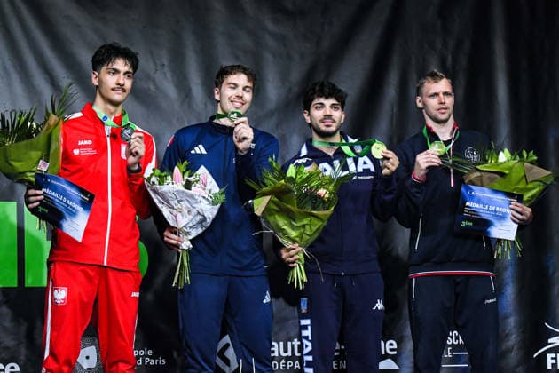ESCRIME : Championnat d Europe Antony 2026 - 18 06 2026 Rafael Savin (FRA) Andrzej Rzadkowski(POL) Tommaso Martini (ITA) Anton Borodachev AntonyFrance  Copyright: xBaptistexAutissierx