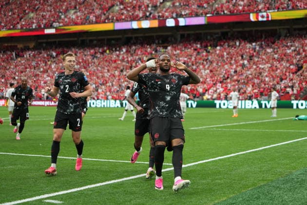 Canada v Qatar - FIFA World Cup, WM, Weltmeisterschaft, Fussball 2026 - Group B VANCOUVER, CANADA - JUNE 18: Cyle Larin (9) of Canada celebrates after scoring a goal during the 2026 FIFA World Cup First Stage Group B match between Canada and Qatar at BC Place Stadium in Vancouver, Canada on June 18, 2026. Ercin Erturk Anadolu British Columbia Canada. Editorial use only. Please get in touch for any other usage.  Copyright: x2026xAnadoluxErcinxErturkx