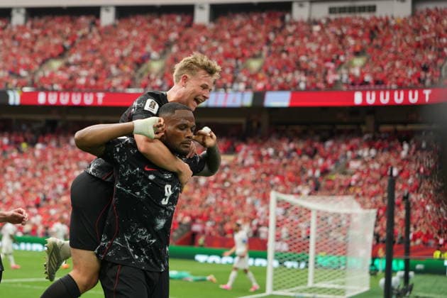 Canada v Qatar - FIFA World Cup, WM, Weltmeisterschaft, Fussball 2026 - Group B VANCOUVER, CANADA - JUNE 18: Cyle Larin (9) of Canada celebrates after scoring a goal during the 2026 FIFA World Cup First Stage Group B match between Canada and Qatar at BC Place Stadium in Vancouver, Canada on June 18, 2026. Ercin Erturk Anadolu British Columbia Canada. Editorial use only. Please get in touch for any other usage.  Copyright: x2026xAnadoluxErcinxErturkx