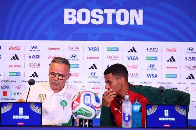 Mohamed Ouahbi head coach of Morocco and Azzedine Ounahi of Morocco Morocco press conference, PK, Pressekonferenz 2026 FIFA World Cup, WM, Weltmeisterschaft, Fussball Football, Boston Stadium, Foxborough, Massachusetts, USA - 18 Jun 2026Charlotte Atrium Health Performance Park United States of America EDITORIAL USE ONLY No use with unauthorised audio, video, data, fixture lists, club league logos or live services. Online in-match use limited to 120 images, no video emulation. No use in betting, games or single club league player publications.  Copyright: xMichaelxZemanek Shutterstockx 16934884b