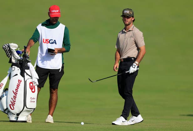 Amateur Ryder Cowan prepares to hit his approach shot on the 1st fairway during the first round of the 126th U.S. Open Golf Championship at Shinnecock Hills Golf Club in Southampton, NY, on Thursday, June 18, 2026.  NYC20260618909 COREYxSIPKIN