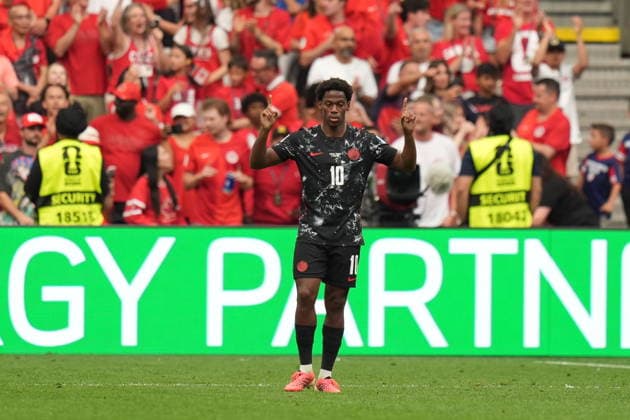 Canada v Qatar - FIFA World Cup, WM, Weltmeisterschaft, Fussball 2026 - Group B VANCOUVER, CANADA - JUNE 18: Jonathan David (10) of Canada celebrates after scoring a hat-trick during the 2026 FIFA World Cup First Stage Group B match between Canada and Qatar at BC Place Stadium in Vancouver, Canada on June 18, 2026. Ercin Erturk Anadolu British Columbia Canada. Editorial use only. Please get in touch for any other usage.  Copyright: x2026xAnadoluxErcinxErturkx