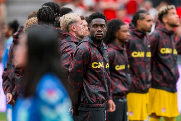 FIFA World Cup, WM, Weltmeisterschaft, Fussball 2026 - Group B - Canada vs Qatar Canada defender Alphonso Davies listens to the anthem prior to the start of the FIFA World Cup 2026 group stage match between Canada and Qatar in Vancouver, Canada, 18 June 2026. VANCOUVER Canada  Copyright: xBOBxFRIDx