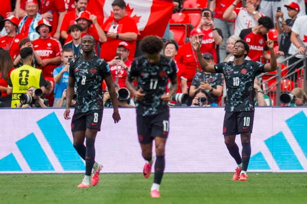 FIFA World Cup, WM, Weltmeisterschaft, Fussball 2026 - Group B - Canada vs Qatar Canada forward Jonathan David (R) celebrates his first goal of the game in the first half of the FIFA World Cup 2026 group stage match between Canada and Qatar in Vancouver, Canada, 18 June 2026. VANCOUVER Canada  Copyright: xBOBxFRIDx