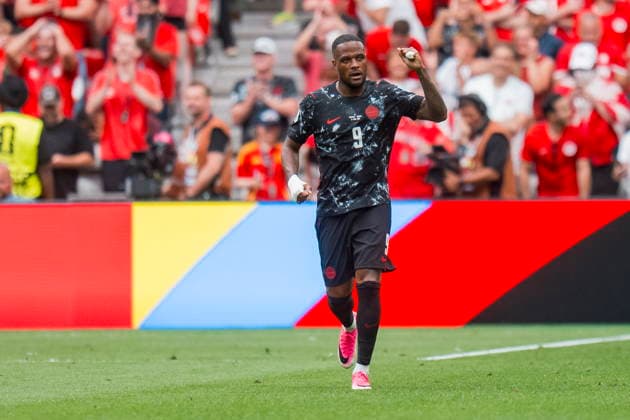 FIFA World Cup, WM, Weltmeisterschaft, Fussball 2026 - Group B - Canada vs Qatar Canada forward Cyle Larin celebrates his goal in the first half of the FIFA World Cup 2026 group stage match between Canada and Qatar in Vancouver, Canada, 18 June 2026. VANCOUVER Canada  Copyright: xBOBxFRIDx