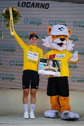 LONGO BORGHINI Elisa: Tour de Suisse - Women 2026 - 2. Stage LONGO BORGHINI Elisa ( ITA ) UAE Team ADQ Leader Jersey - Award Ceremony Medal Ceremony Podium - Hochformat hoch vertikal Portrait - Event Veranstaltung: Tour de Suisse - 2. Stage - Elite Women - Category Kategorie: Cycling - Road cycling, Rad, Radsport, Strasse - Cycling Tour - Elite Women - WWT - Location Ort: Europe Switzerland - Start & Finish: Locarno - Discipline: Road Race ( RR ) - Cycling Tour - Distance: 105,6 km - Date Datum: 18.06.2026 Thursday -