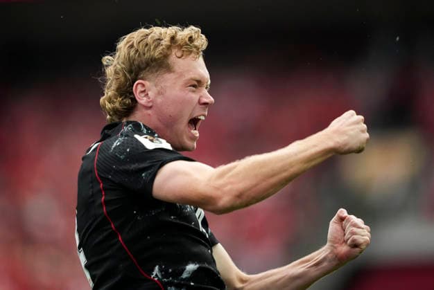 (260619) -- VANCOUVER, June 19, 2026 -- Jacob Shaffelburg of Canada celebrates their goal during the group B match between Canada and Qatar at the 2026 FIFA World Cup, WM, Weltmeisterschaft, Fussball at BC Place Vancouver in Vancouver, Canada, June 18, 2026. ) (SP)CANADA-VANCOUVER-FOOTBALL-FIFA WORLD CUP-GROUP B-CAN VS QAT MengxYongmin 