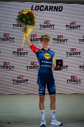 VANPACHTENBEKE Margot: Tour de Suisse - Women 2026 - 2. Stage VANPACHTENBEKE Margot ( NED ) Lidl - Trek Tissot Time Kilometer - Award Ceremony Medal Ceremony Podium - Hochformat hoch vertikal Portrait - Event Veranstaltung: Tour de Suisse - 2. Stage - Elite Women - Category Kategorie: Cycling - Road cycling, Rad, Radsport, Strasse - Cycling Tour - Elite Women - WWT - Location Ort: Europe Switzerland - Start & Finish: Locarno - Discipline: Road Race ( RR ) - Cycling Tour - Distance: 105,6 km - Date Datum: 18.06.2026 Thursday -