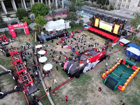 Turkiye opens World Cup fan, media zone in Los Angeles LOS ANGELES, CA - JUNE 18: An aerial view of the setup under the slogan Turkiye is Here, the 3,050-square-meter Turkish Vibe Zone at Gloria Molina Grand Park on June 18, 2026, in Los Angeles, California, United States. The venue, running through June 26, brings fans together for live match screenings, culinary events and cultural programming following the highly anticipated Turkiye-US World Cup match. Tayfun Coskun Anadolu California United States. Editorial use only. Please get in touch for any other usage.  Copyright: x2026xAnadoluxTayfunxCoskunx