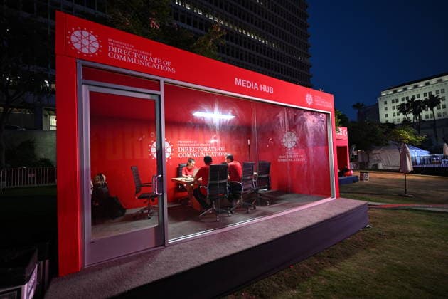 Turkiye opens World Cup fan, media zone in Los Angeles LOS ANGELES, CA - JUNE 18: A view of the setup under the slogan Turkiye is Here, the 3,050-square-meter Turkish Vibe Zone at Gloria Molina Grand Park on June 18, 2026, in Los Angeles, California, United States. The venue, running through June 26, brings fans together for live match screenings, culinary events and cultural programming following the highly anticipated Turkiye-US World Cup match. Tayfun Coskun Anadolu California United States. Editorial use only. Please get in touch for any other usage.  Copyright: x2026xAnadoluxTayfunxCoskunx