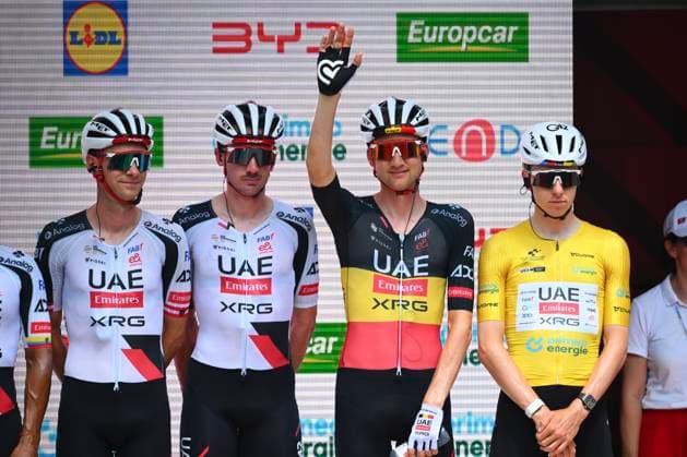 Tour de Suisse 2026 Stage 3 BAD RAGAZ, SWITZERLAND - JUNE 19 : Wellens Tim (BEL) of UAE Team Emirates - XRG and Pogacar Tadej (SLO) of UAE Team Emirates - XRG during stage 3 of the 89th edition of Tour de Suisse an UCI World Tour 2.UWT cycling road race stage for Men Elite of 157.9 km with start in Bad Ragaz and finish in Bad Ragaz on June 19, 2026 in Bad Ragaz, Switzerland, 19 06 2026 ( Motordriver Guy De Vuyst - Bad Ragaz Switzerland  Copyright: xVincentxKalutx