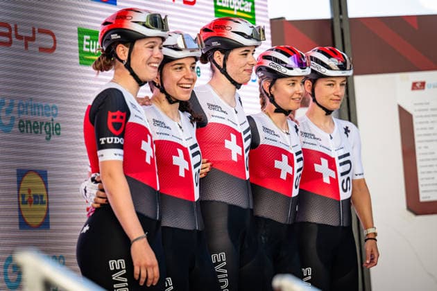Swiss Cycling: Tour de Suisse - Women 2026 - 3. Stage LIEHNER Annika - LIECHTI Jasmin - LEU Lorena - CALUORI Ginia - FUCHS Lea ( SUI ) Swiss Cycling Querformat - quer - horizontal - Landscape - Event Veranstaltung: Tour de Suisse - 3. Stage - Elite Women - Category Kategorie: Cycling - Road cycling, Rad, Radsport, Strasse - Cycling Tour - Elite Women - WWT - Location Ort: Europe Switzerland - Start & Finish: Bad Ragaz - Discipline: Road Race ( RR ) - Cycling Tour - Distance: 120,8 km - Date Datum: 19.06.2026 Friday -