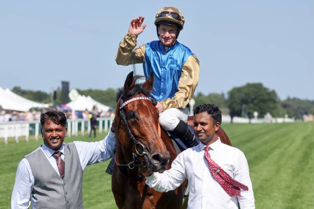19.06.2026, Ascot, Windsor, GBR - Opportunity with James McDonald up after winning the Duke Of Edinburgh Stakes. Ascot racecourse. (Pferd, Jockey, Opportunity, McDonald, Sieg) 260619D538ROYAL_ASCOT.JPG *** June 19, 2026, Ascot, Windsor, GBR