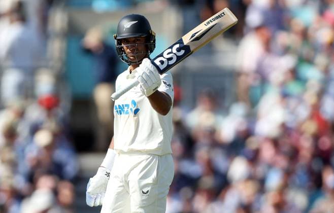 Rachin Ravindra of New Zealand celenrates his 50 England v New Zealand, Second Test, Day Three, Rothesay Test Match Series, Cricket, The Kia Oval, London, UK - 19 Jun 2026London Kia Oval United Kingdom EDITORIAL USE ONLY No use with unauthorised audio, video, data, fixture lists, club league logos or live services. Online in-match use limited to 120 images, no video emulation. No use in betting, games or single club league player publications.  Copyright: xKieranxMcManus Shutterstockx 16928963au