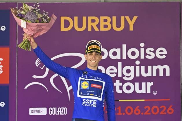 Spanish Hector Alvarez Martinez of Lidl-Trek celebrates on the podium in the jersey for best young rider after stage 3 of the Baloise Belgium Tour cycling race, 173km from and to Durbuy, on Friday 19 June 2026. The Baloise Belgium Tour takes place from 17 to 21 June. JASPERxJACOBS  x178293526x