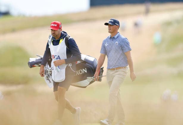 Max McGreevy walks up the 1st fairway with his caddie during the second round of the 126th U.S. Open Golf Championship at Shinnecock Hills Golf Club in Southampton, NY, on Friday, June 19, 2026.  NYC20260619821 JOHNxANGELILLO