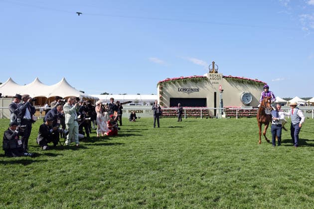 19.06.2026, Ascot, Windsor, GBR - In focus of the media: Precise with Ryan Moore up after winning the Coronation Stakes. Ascot racecourse. (Pferd, Jockey, Precise, Moore, Sieg, Presse, Fotografen, Pressefotografen, Medienvertreter, Doppelseite, Textfreiraum) 260619D553ROYAL_ASCOT.JPG