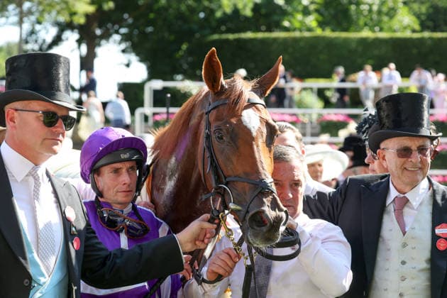 19.06.2026, Ascot, Windsor, GBR - Precise with Ryan Moore and owner Michael Tabor (right) after winning the Coronation Stakes. Ascot racecourse. (Pferd, Jockey, Precise, Moore, Sieg) 260619D558ROYAL_ASCOT.JPG