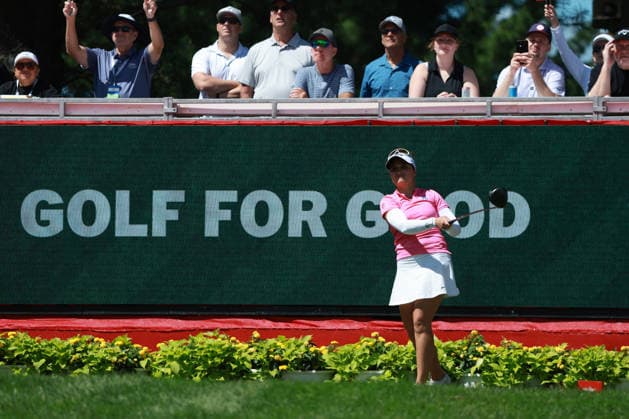 Meijer LPGA, Golf Damen Classic BELMONT, MICHIGAN - JUNE 19: Carolina Melgrati of Italy plays her tee shot on the 18th hole during the second round of the Meijer LPGA Classic for Simply Give golf tournament at Blythefield Country Club in Belmont, MI, USA Friday, June 19, 2026. Belmont Michigan United States  Copyright: xJorgexLemusx originalFilename:lemus-meijerlp260619_npl4O.jpg