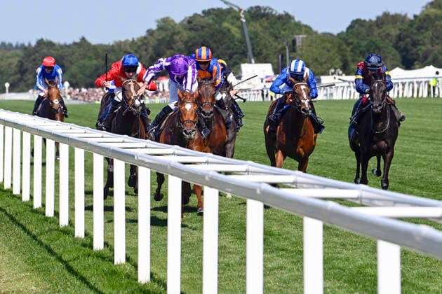 19.06.2026, Ascot, Windsor, GBR - Precise with Ryan Moore up wins the Coronation Stakes. Ascot racecourse. (Pferd, Jockey, Precise, Moore, Sieg, Ziel, Zielankunft) 260619C907ROYAL_ASCOT.JPG