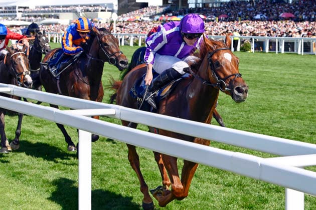 19.06.2026, Ascot, Windsor, GBR - Precise with Ryan Moore up wins the Coronation Stakes. Ascot racecourse. (Pferd, Jockey, Precise, Moore, Sieg, Ziel, Zielankunft) 260619C909ROYAL_ASCOT.JPG
