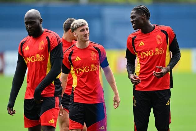 Belgium s Romelu Lukaku, Belgium s Alexis Saelemaekers and Belgium s Amadou Onana pictured during a training session of Belgian national soccer team Red Devils in their base camp, home of the Seattle Sounders, Renton, Seattle, USA, on Friday 19 June 2026. The Red Devils prepare for their next game in the group stage of the 2026 FIFA World Cup, WM, Weltmeisterschaft, Fussball DIRKxWAEM  x178318724x