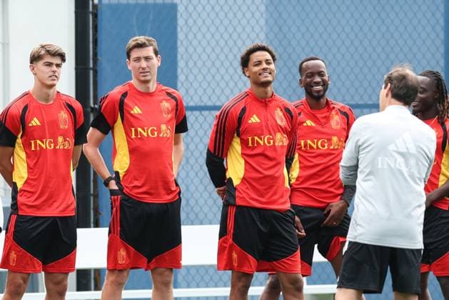 Belgium s Charles De Ketelaere, Belgium s Hans Vanaken, Belgium s Koni De Winter and Belgium s Dodi Lukebakio pictured during a training session of Belgian national soccer team Red Devils in their base camp, home of the Seattle Sounders, Renton, Seattle, USA, on Friday 19 June 2026. The Red Devils prepare for their next game in the group stage of the 2026 FIFA World Cup, WM, Weltmeisterschaft, Fussball BRUNOxFAHY  x178321374x