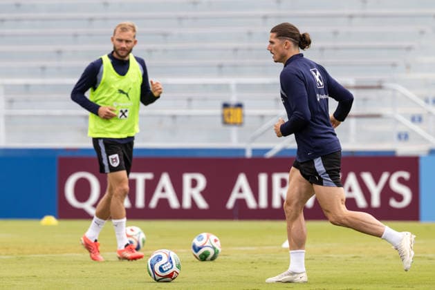 FOOTBALL - FIFA World Cup, WM, Weltmeisterschaft, Fussball 2026, preview SANTA BARBARA,CALIFORNIA,USA,19.JUN.26 - FOOTBALL - FIFA World Cup 2026, USA, Mexico, Canada, preview, Oesterreichischer Fussball-Bund, training team AUT. Image shows Konrad Laimer and Marcel Sabitzer (AUT).  GEPAxpictures xArminxRauthner