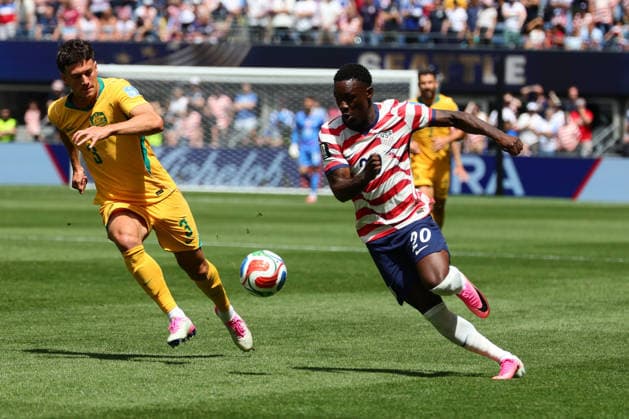Folarin Balogun of USA dribbles the ball that leads to an own goal by Cameron Burgess of Australia during the FIFA World Cup, WM, Weltmeisterschaft, Fussball 2026 match between USA and Australia at Lumen Field, Seattle, USA on 19 June 2026. Copyright: xPeterxDovganx 45090022
